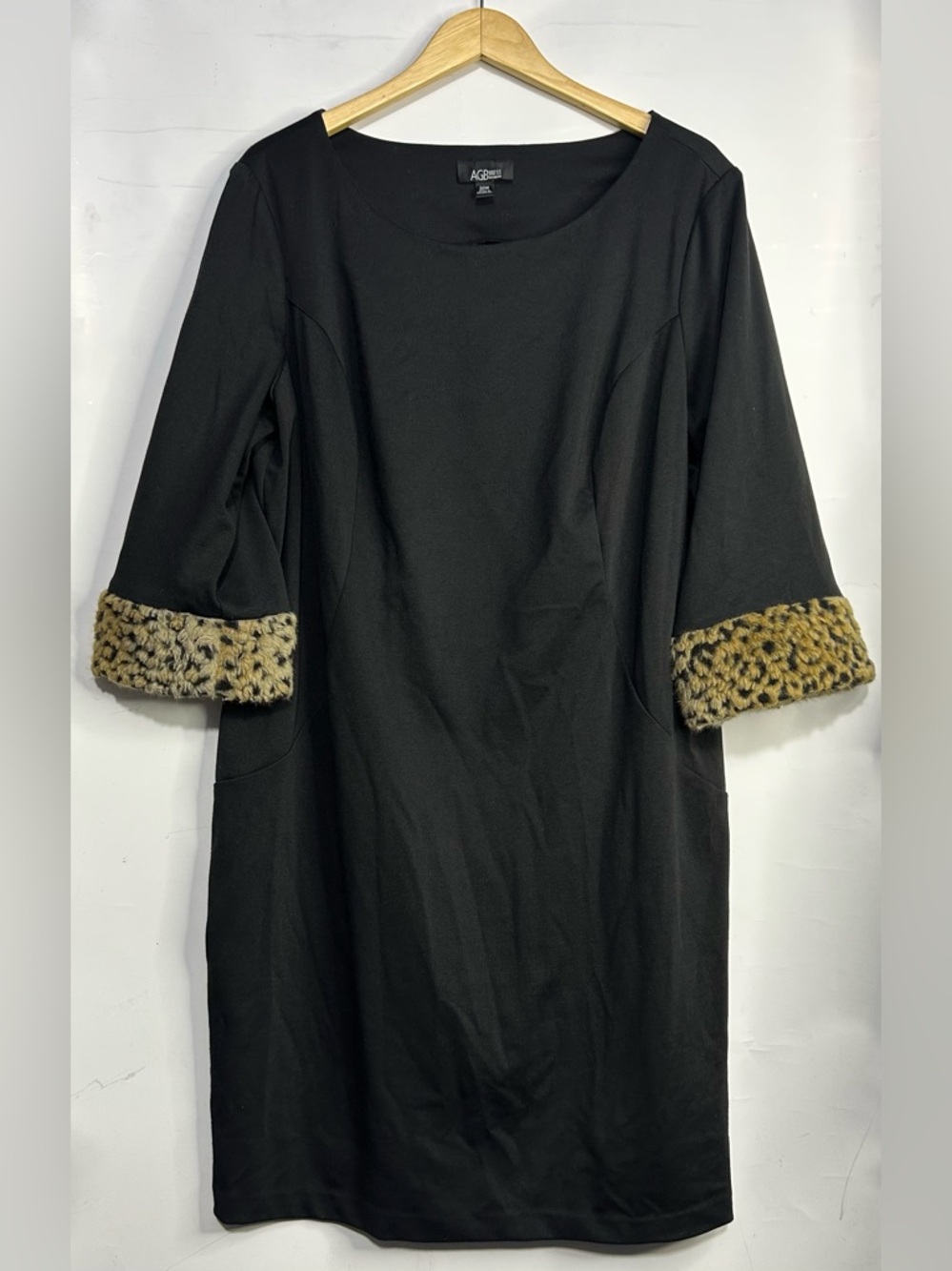 AGB Vegan Cheetah Print Fur Cuffed Black Dress 20W